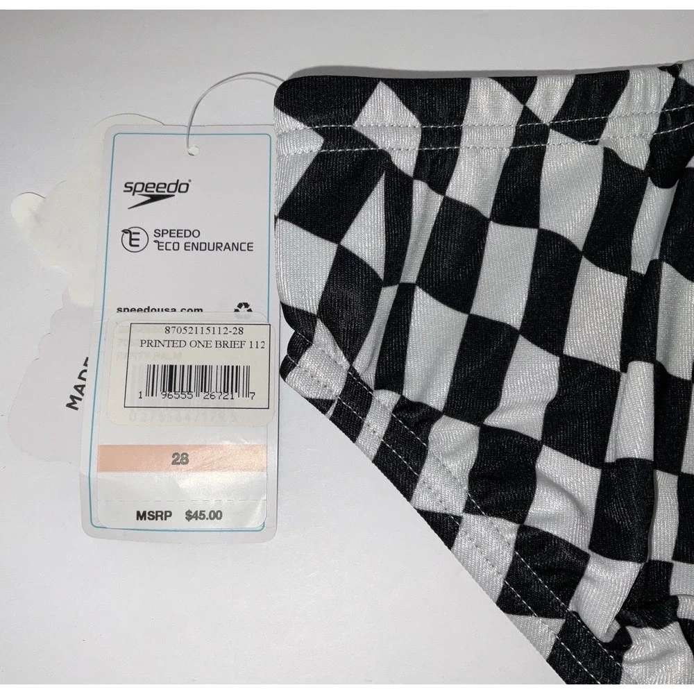 NWT Men's Speedo Vibe Collection Eco Endurance Brief Swim Trunks Black White 28